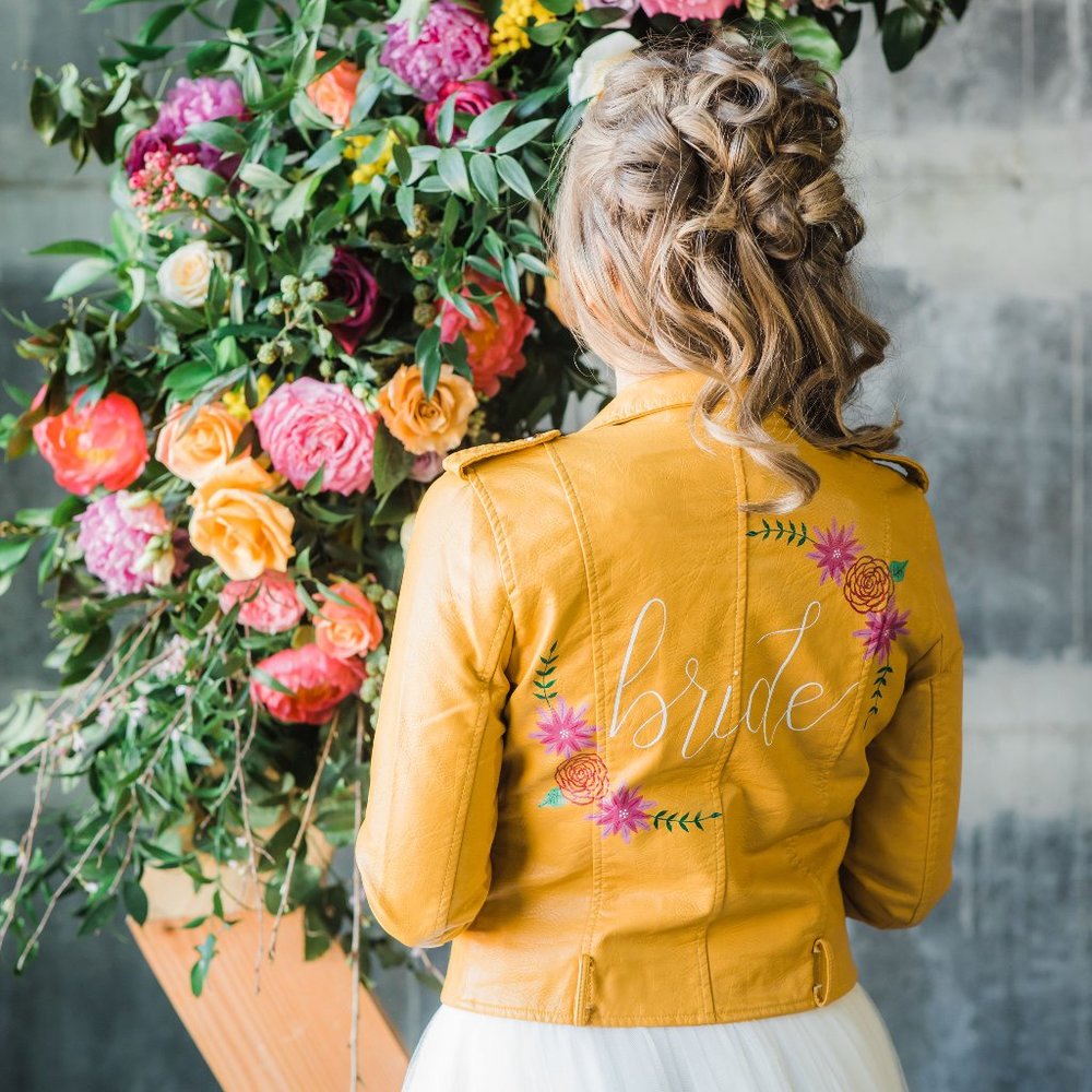 Women’s Mustard Yellow Leather Bride Jacket with Floral Embroidery